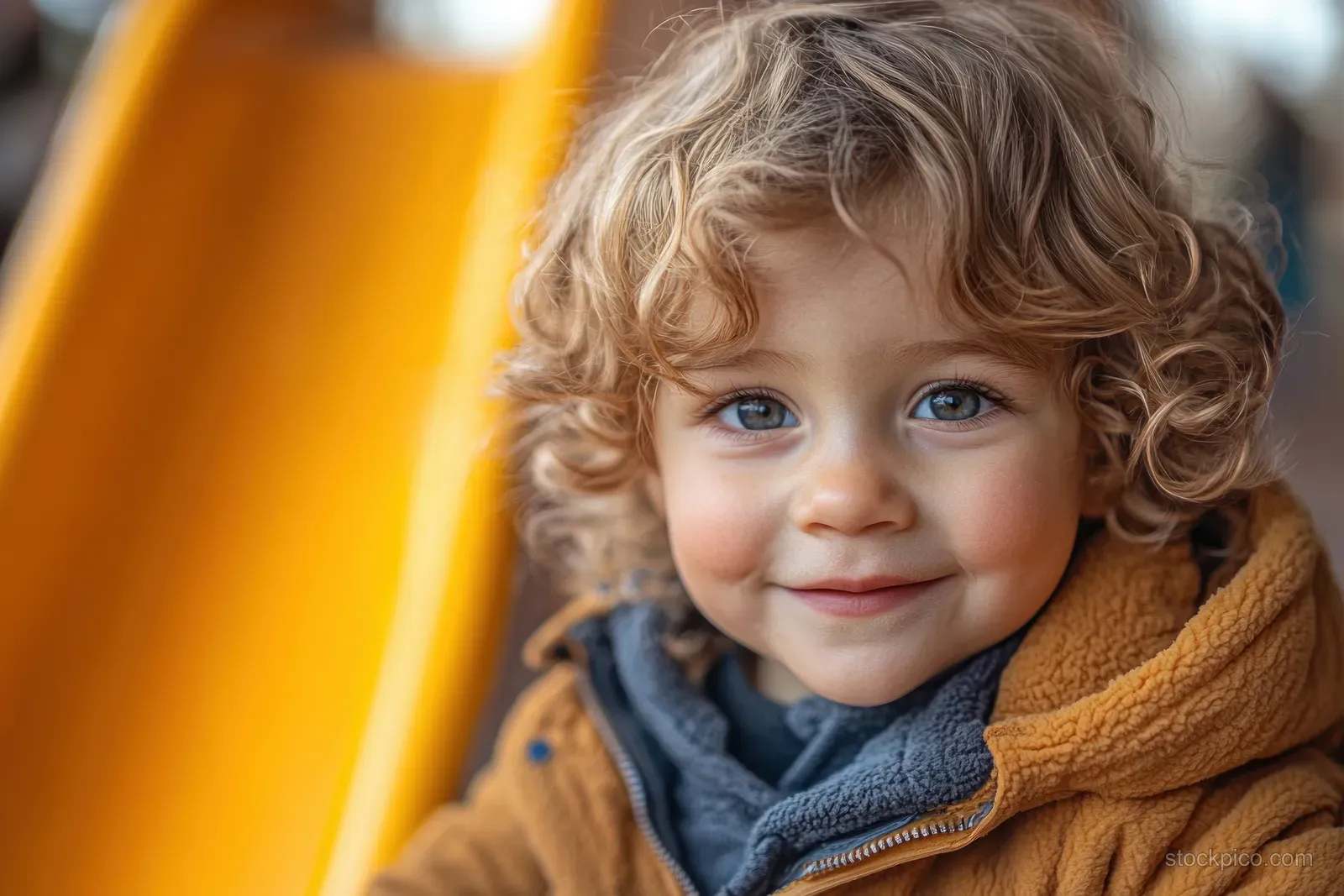 A smiling toddler in a warm jacket slides down a yellow playground slide in daylight.