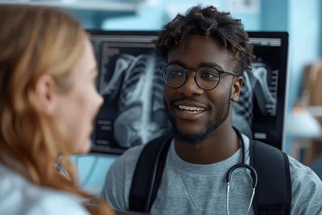 Doctor with stethoscope consults beside a monitor displaying a chest X-ray in a clinic office.