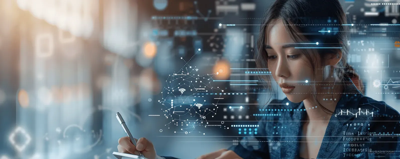 Businesswoman holding a tablet as AI data dashboards overlay a modern office background.
