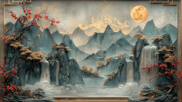 Moonlit Japanese mountain landscape with waterfalls, sakura branches, and gold leaf frame