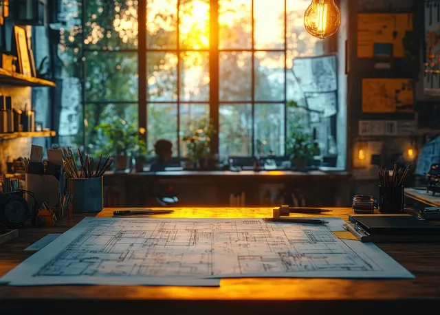 Silhouette of an engineer reviewing architectural blueprints on a desk with warm golden hour window light.