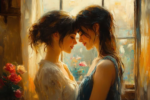 Mother and daughter embrace in bed at sunrise, holding a small doll