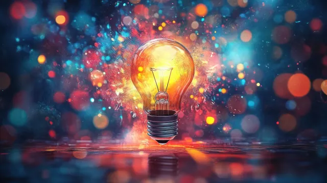 A glowing light bulb floats above reflective ground surrounded by colorful bokeh lights.