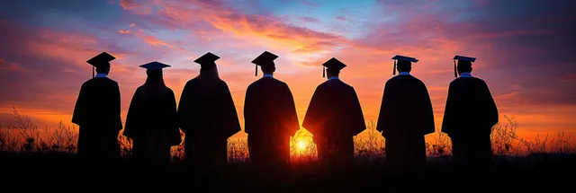 Students in graduation caps and gowns form silhouettes against a bright sunset sky.
