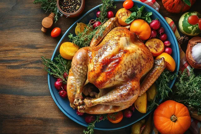 Golden roasted whole turkey on a blue platter with herbs, apricots, radishes, and autumn vegetables on a wooden table.