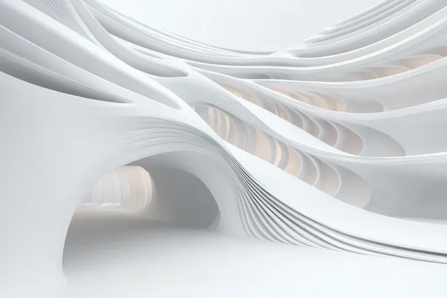 White abstract wave architecture curves through a minimal room with soft ambient lighting and layered geometric surfaces.