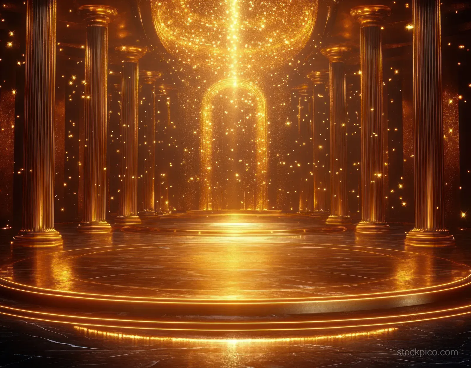 Golden grand hall with glowing columns and floating sparkles surrounding a luminous circular stage.