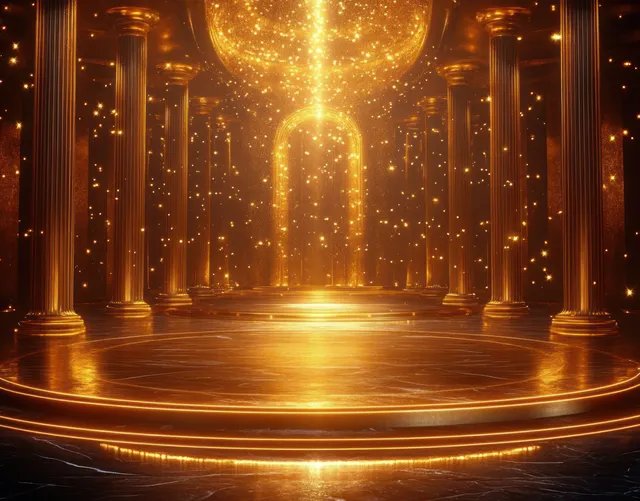 Golden grand hall with glowing columns and floating sparkles surrounding a luminous circular stage.