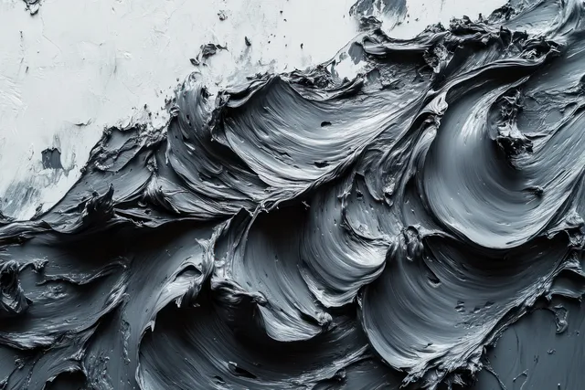 Wet gray cement mortar swirls and ridges spread over a white surface in a top-down view.