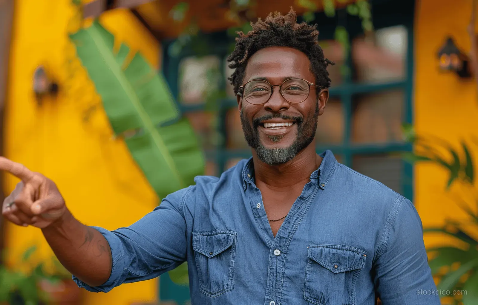 Smiling man in a blue shirt and glasses points right beside a bright yellow mural.