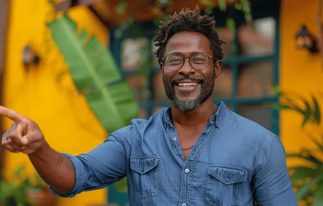 Smiling man in a blue shirt and glasses points right beside a bright yellow mural.