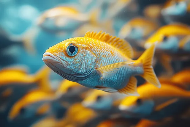 A school of barramundi swims together in the clear, warm waters of the tropical Andaman Sea.