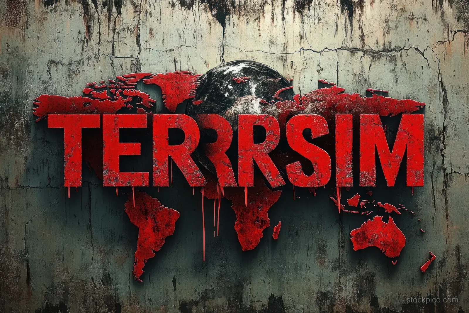 Blood-red “TERRORISM” text sits over a world map silhouette on a cracked concrete wall with paint splatters.