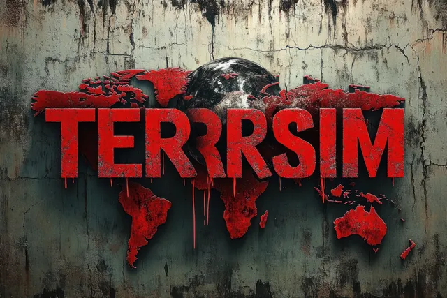 Terrorism word over world map silhouette with blood-red splatters on cracked concrete wall