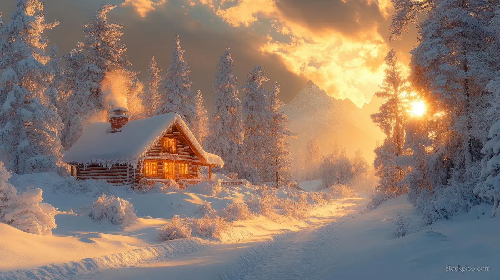 A warmly lit cabin sits in a snowy pine forest as sunrise lights the frosty landscape.