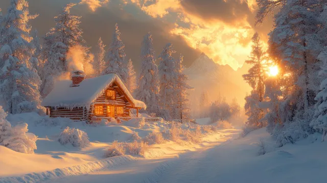 A warmly lit cabin sits in a snowy pine forest as sunrise lights the frosty landscape.