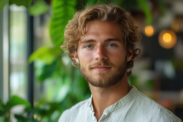 Smiling young businessman in modern office, green plants bokeh behind him