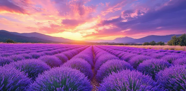Purple lavender rows fill a rural field under a colorful sunset with mountains and partly cloudy sky behind.