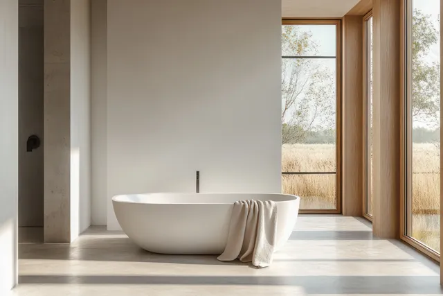 White freestanding bathtub sits on a light floor with a towel draped, lit by a panoramic window.