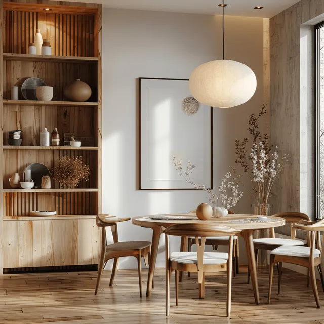 Scandinavian dining room shows a round wooden table, chairs, warm pendant light, and a blank white poster frame on the wall.