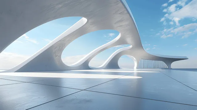 Futuristic white-curve building exterior with arches over empty concrete floor under blue sky