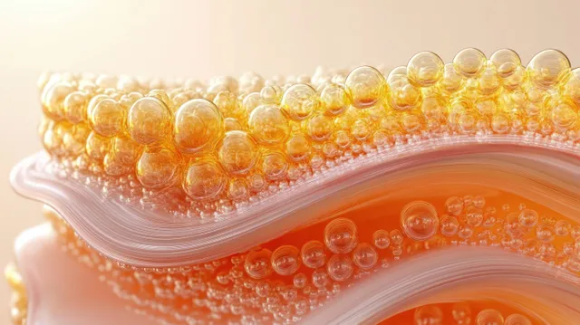 Translucent orange and yellow bubbles sit densely on a wavy gel surface, forming a serum-like abstract 3D texture.