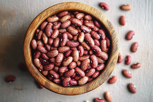 Wooden bowl filled with speckled red beans with loose beans scattered on a light tabletop.
