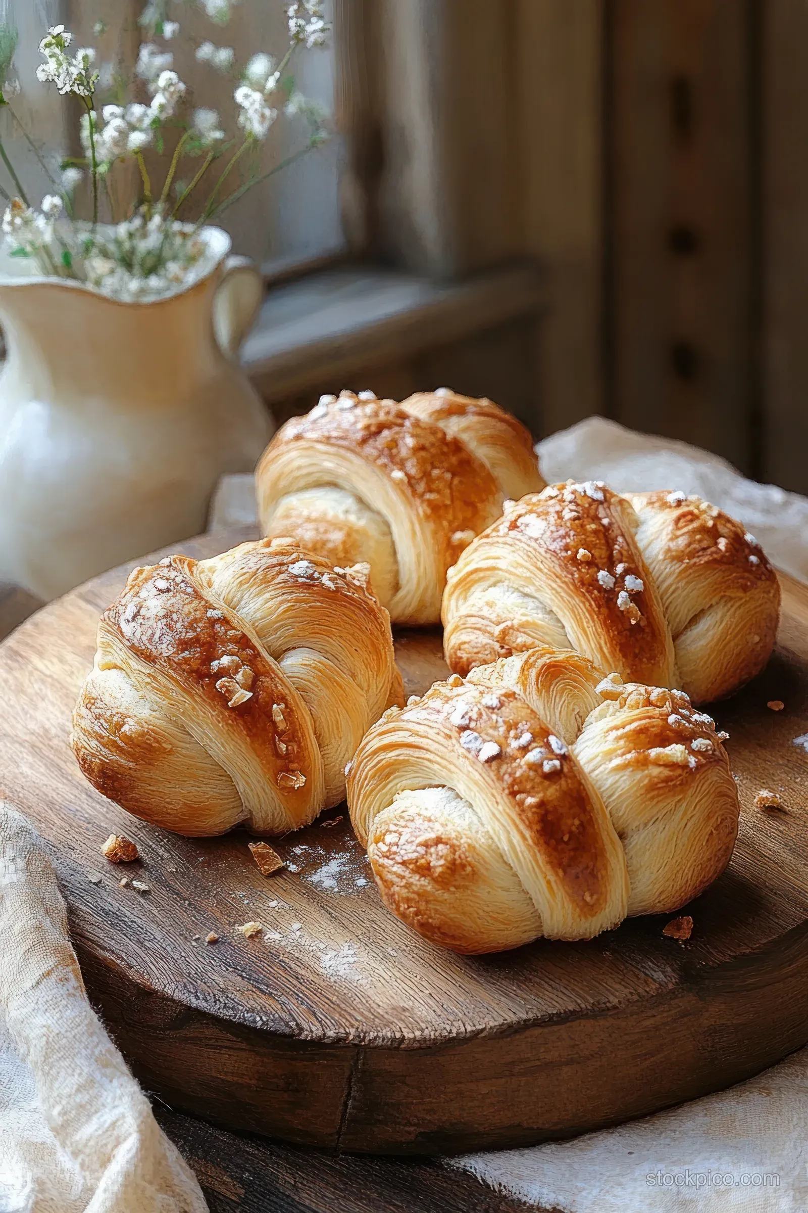 Golden Easter brioche wreath pastries on a wooden board with powdered sugar under warm window light.