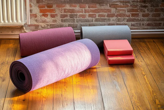 Rolled purple and grey yoga mats with red yoga blocks on a wooden floor beside a brick wall in sunlight.