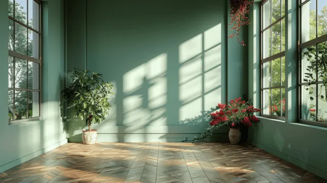 Sunlit empty room with light green walls, wooden floor, large windows, and potted plants.