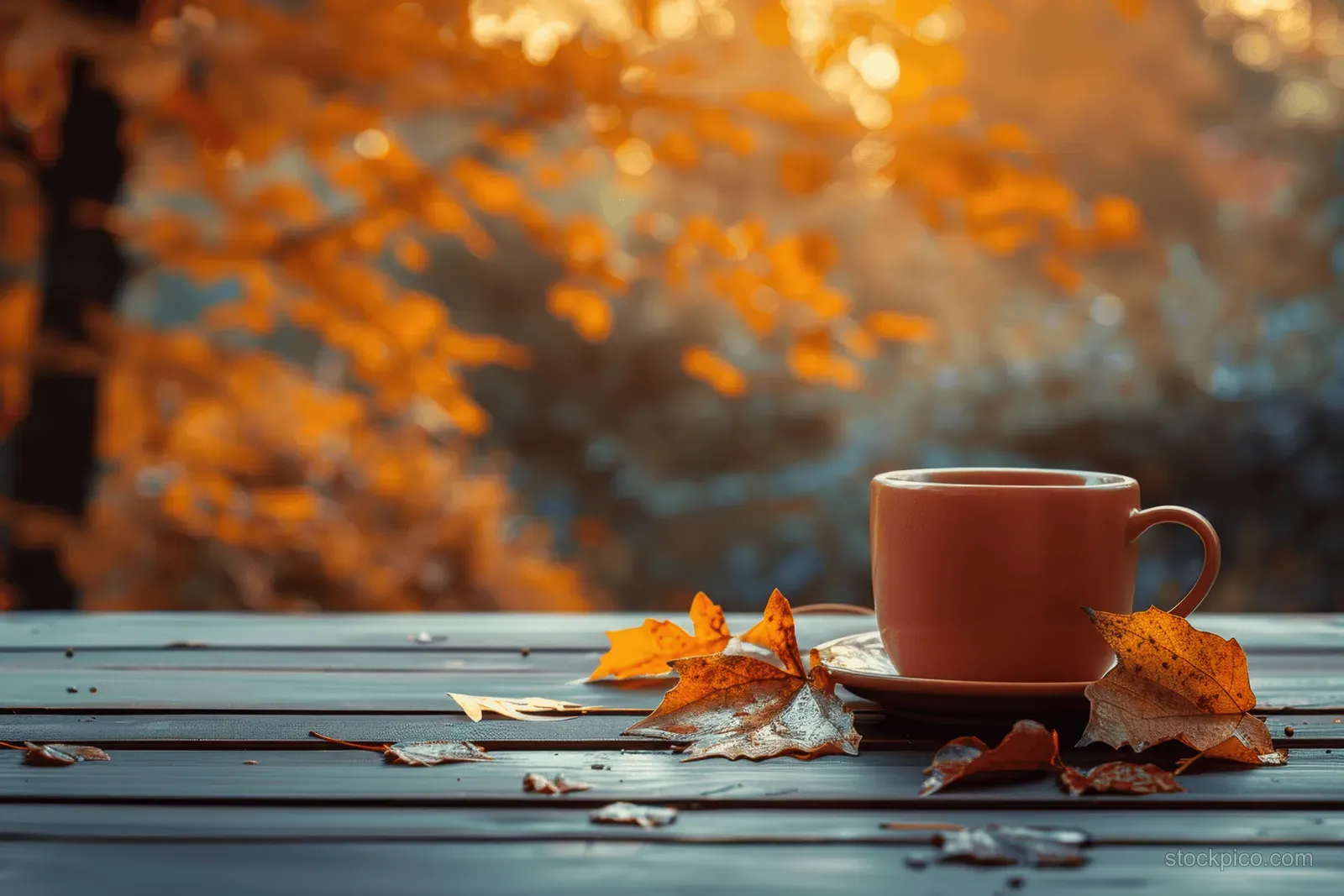 A hot coffee cup sits on a wooden table with fallen orange leaves in an autumn outdoor setting.