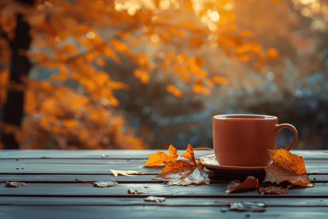 Hot coffee cup on weathered wooden table with fallen orange maple leaves