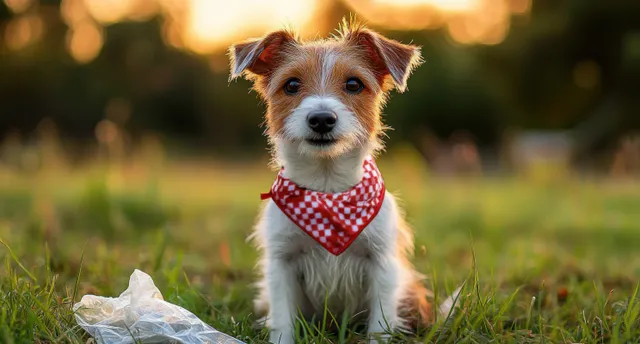 Small brown and white dog sitting in green grass wearing a red checkered bandana with warm sunset light behind.