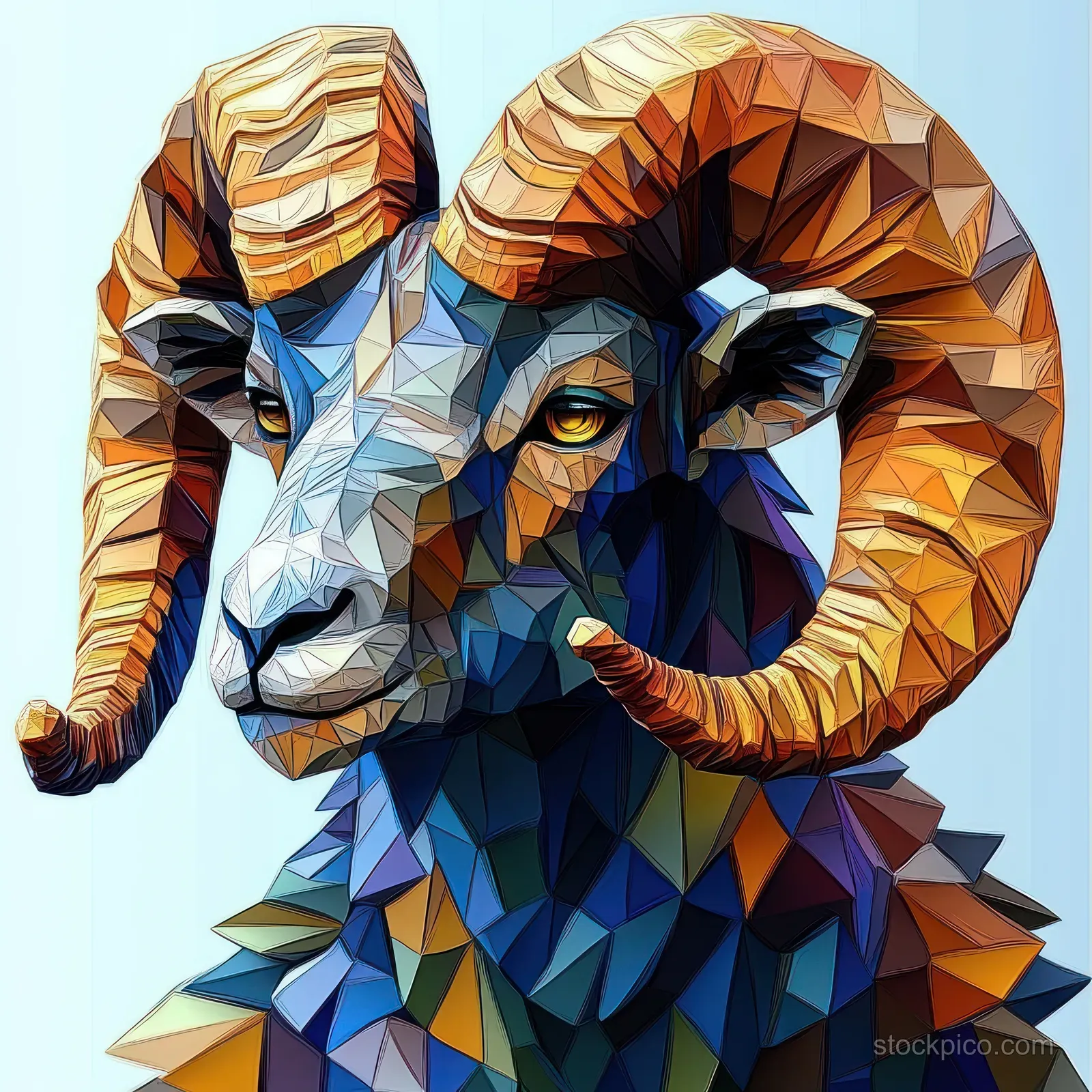 Polygonal ram portrait with large curved horns rendered in faceted multicolor shapes against a light background.