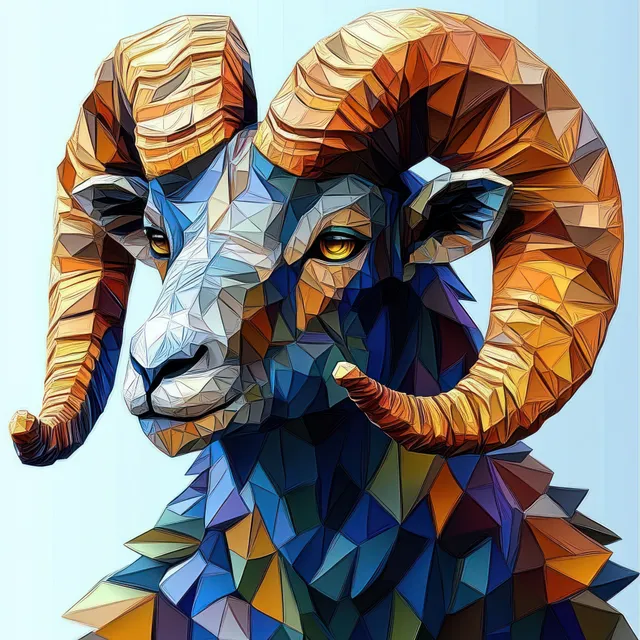 Colorful polygonal ram portrait with sweeping curved horns and faceted geometric textures
