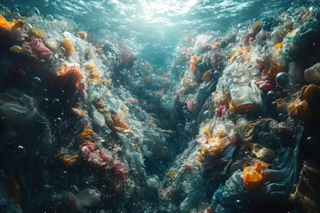 Sunlight beams illuminate ghost net tangled with plastic debris and floating trash beneath the ocean surface.
