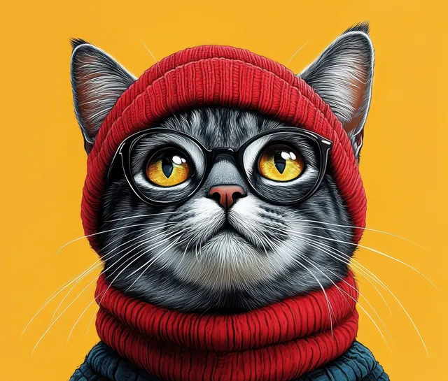 Grey cat portrait wearing red knit beanie against bold yellow backdrop