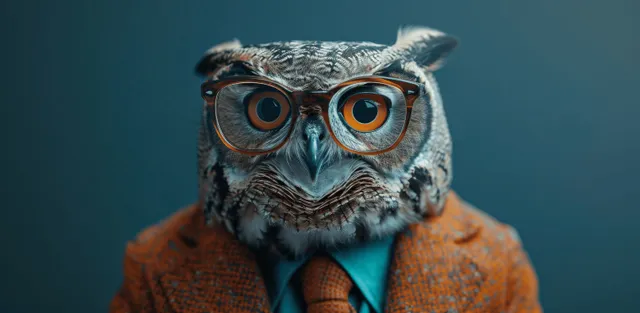 Wise owl businessman portrait wearing glasses and tie against teal studio background