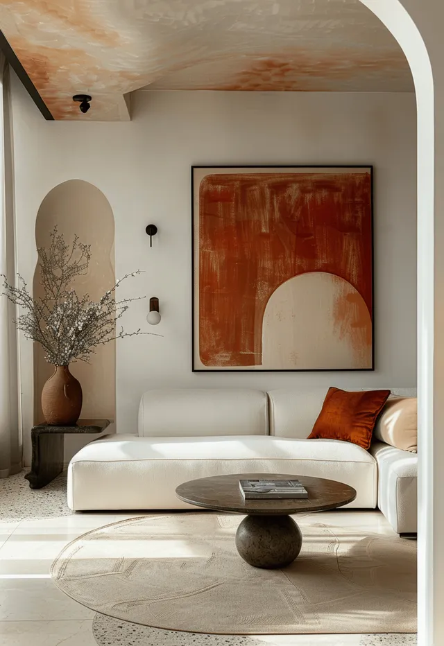 Minimalist living room with a white curved sofa, terracotta wall art, indoor plant, and soft warm lighting.