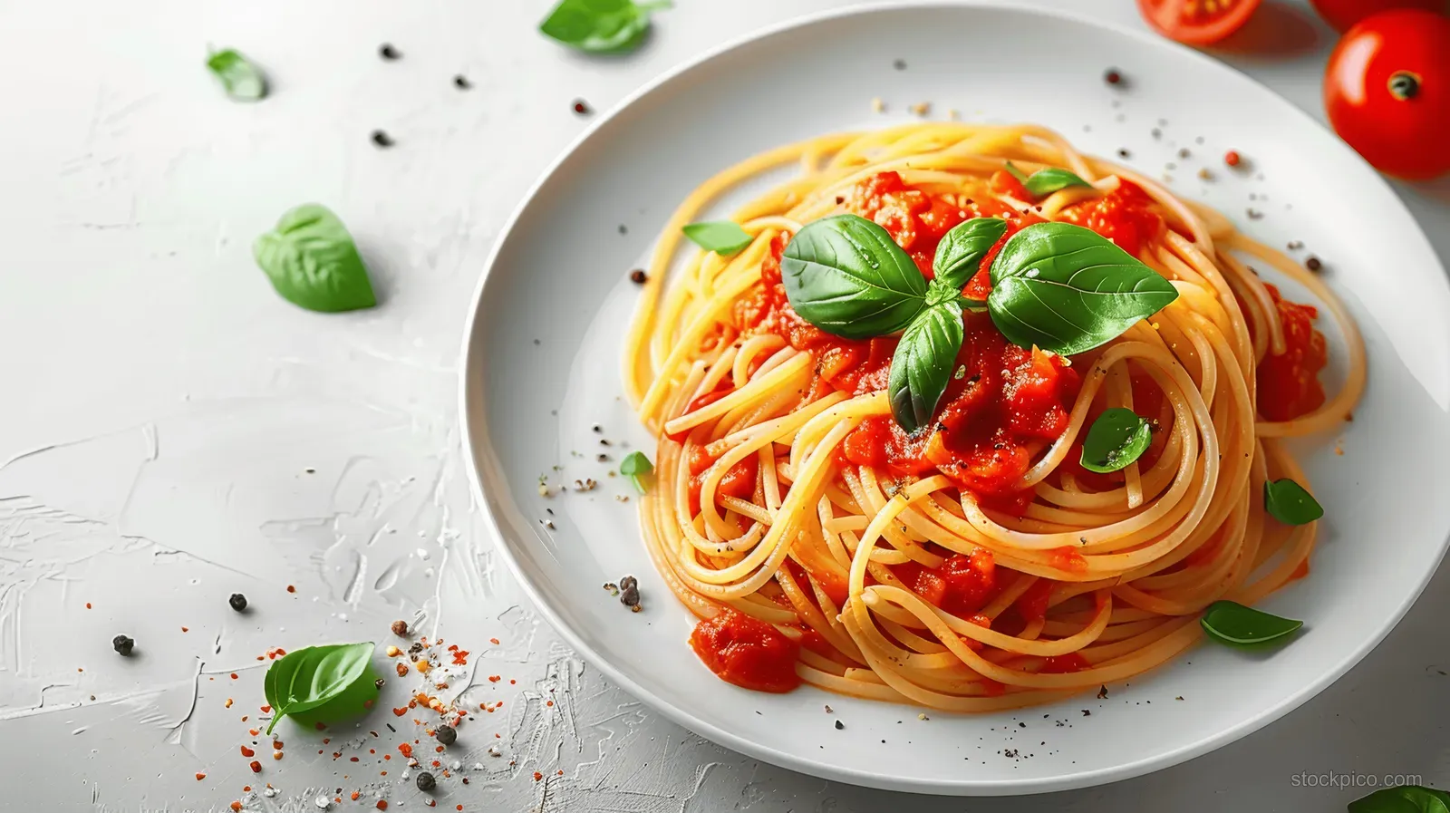 Spaghetti with red tomato basil sauce in a white bowl shown from above with scattered herbs and tomato pieces.
