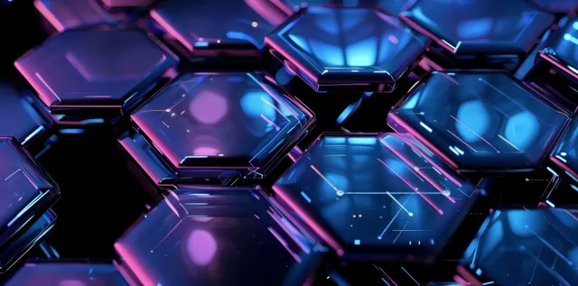 Futuristic hexagonal glass panels refracting violet-blue light on dark tech background
