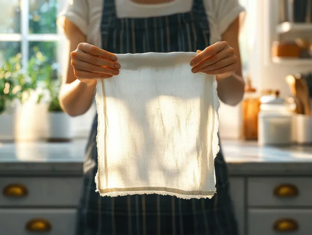 A person holds a clean white cloth in a sunlit kitchen with plants and jars softly blurred behind.
