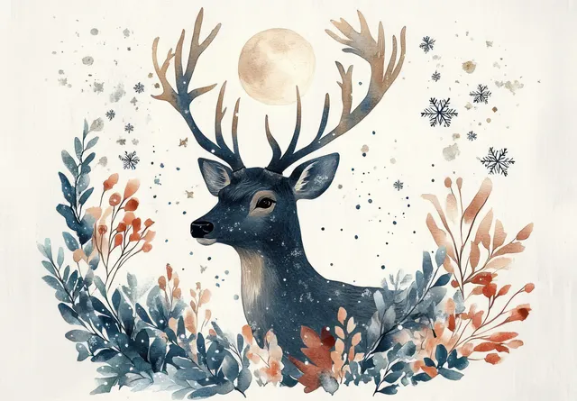 Watercolor deer silhouette with antlers in moonlight framed by snowflakes and winter foliage on a pale background.