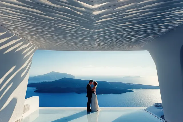 Couple embracing by infinity pool under white textured overhang with islands and blue sea beyond