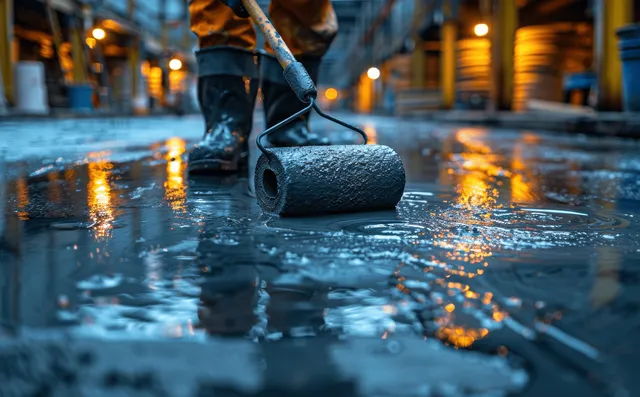 A construction worker rolls grey protective coating over a wet concrete floor with visible splashes and city-lit background.