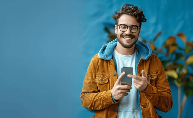 Young man in casual jacket holding a smartphone and making an OK gesture against a blue background.
