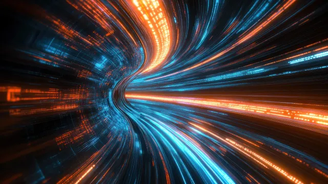 Futuristic tunnel with blue and orange light trails converging into a glowing vanishing point