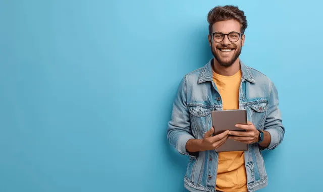 Smiling young man with glasses holding an iPad while standing against a solid blue background.