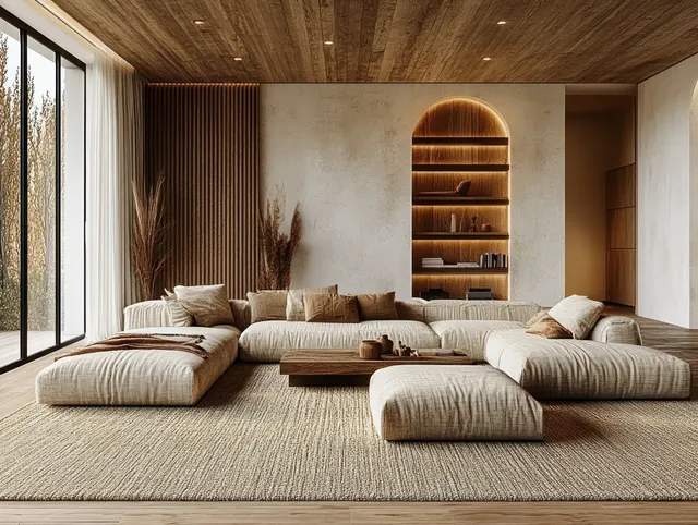 Sunlit modern living room showing a large sectional sofa, textured rug, and illuminated arched shelves behind floor-to-ceiling windows.