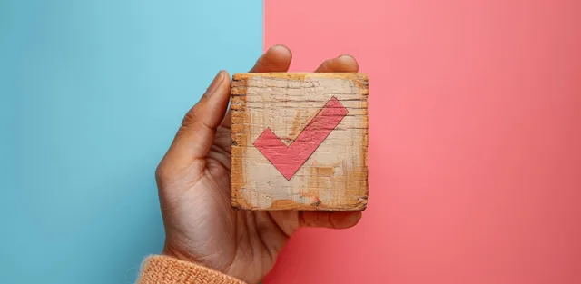 Hand holding wooden cube with red checkmark against contrasting blue and red background